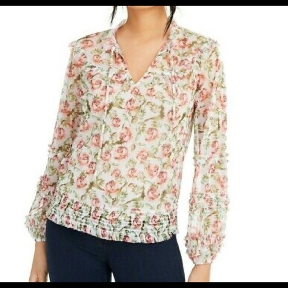 NWT INC Red and White Floral Print Long Sleeve Blouse with Cinched Waist - Picture 1 of 4